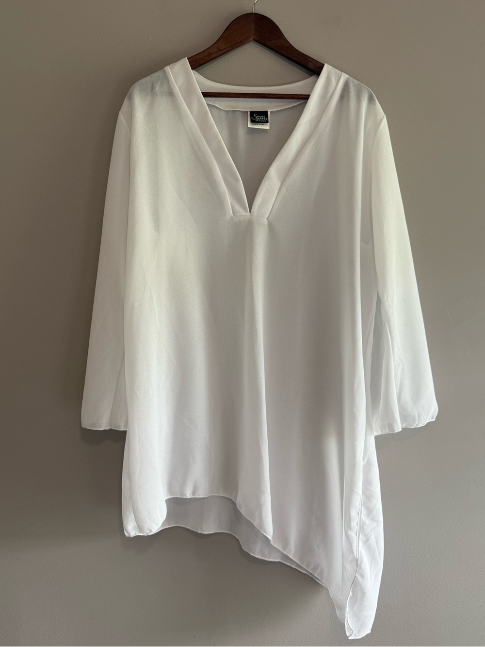 Shore Shapes White Sheer Beach Coverup Flare Sleeve Asymmetric Hem Relaxed 2X‎
